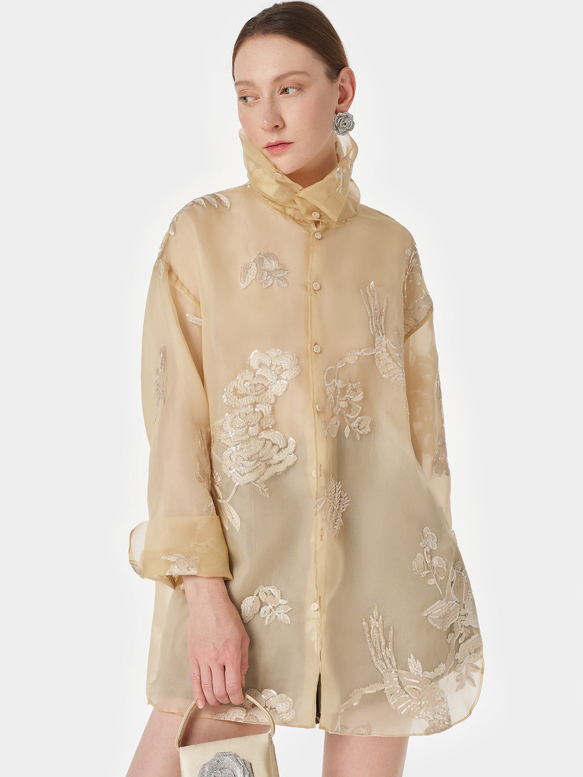 Dik Yaka Nakışlı Çiçekli Üst