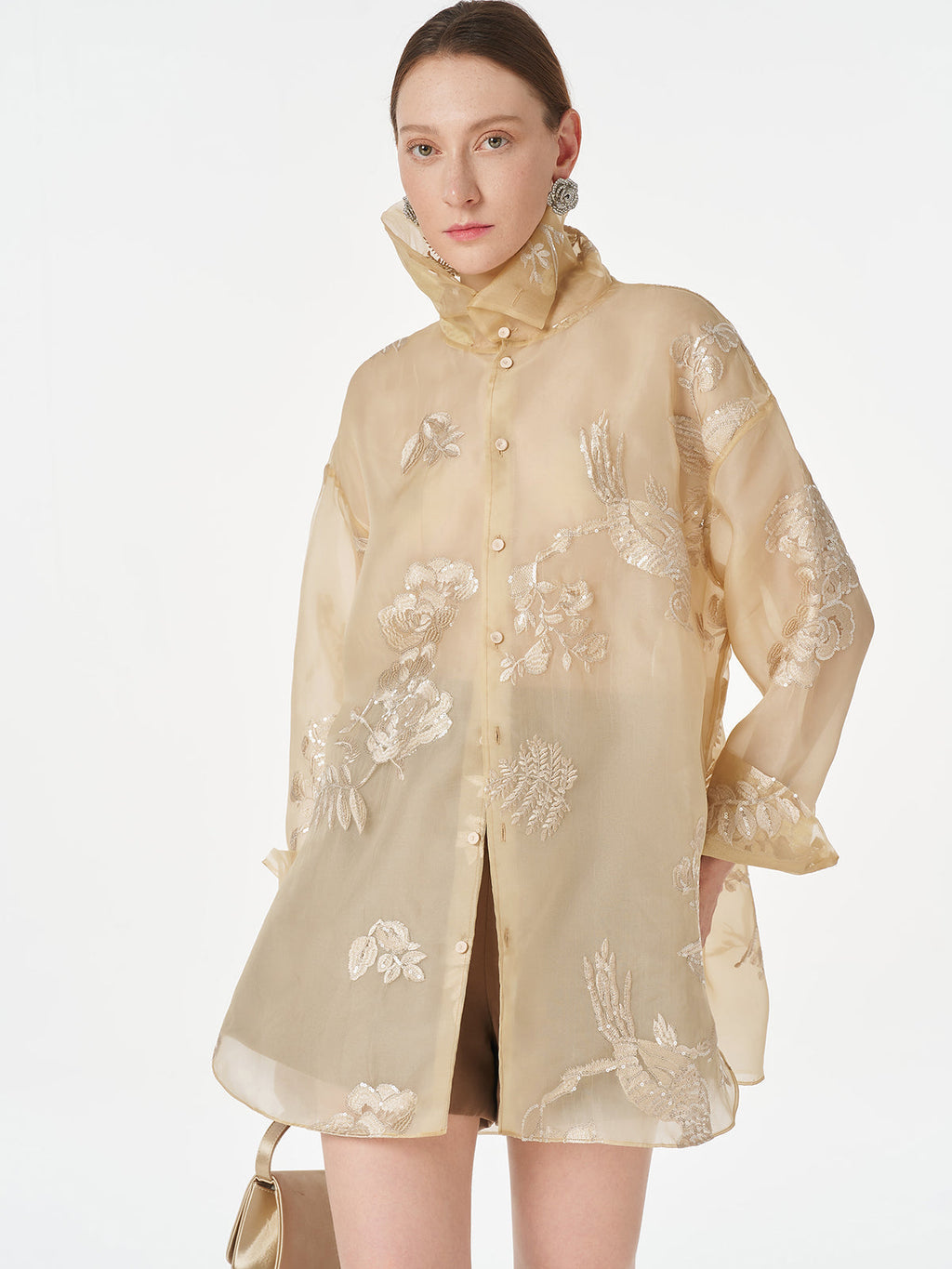 Dik Yaka Nakışlı Çiçekli Üst