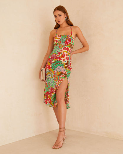 Kaori Çiçekli Slip Midi Elbise