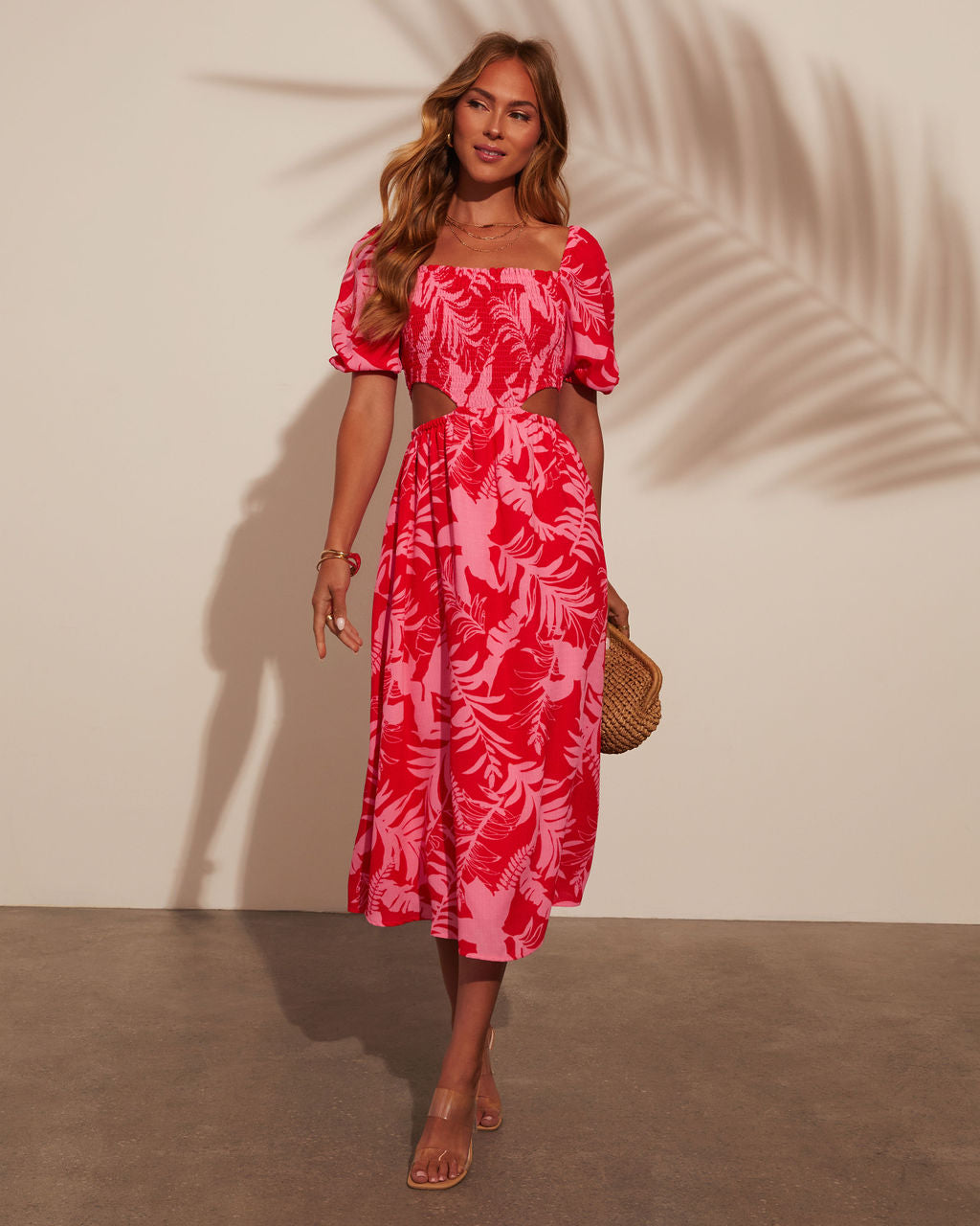Kalena Tropikal Desenli Büzgülü Midi Elbise