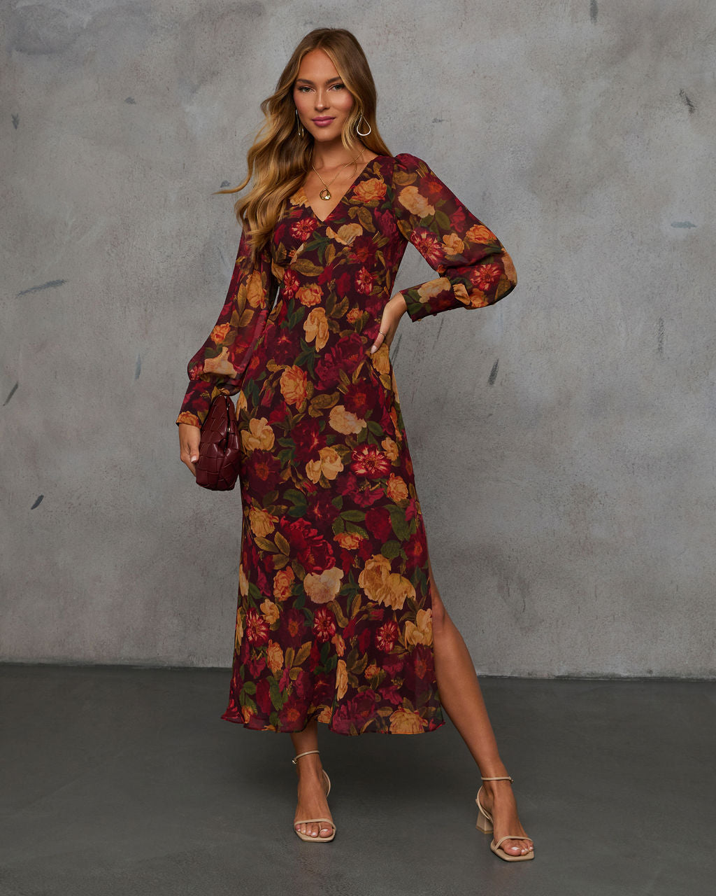 Orman Yolları Çiçek Desenli Midi Elbise