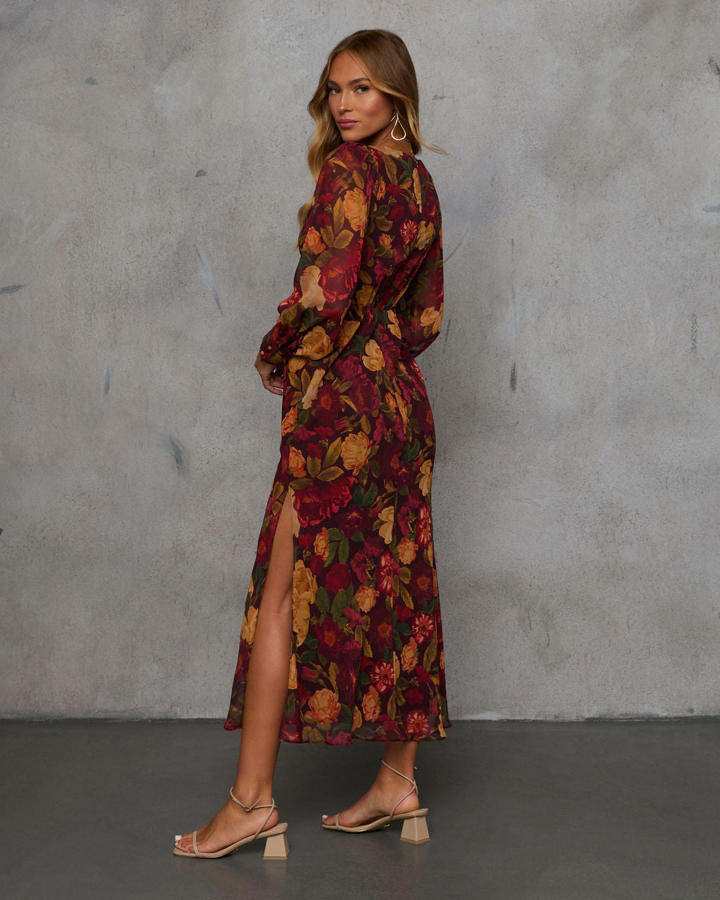 Orman Yolları Çiçek Desenli Midi Elbise