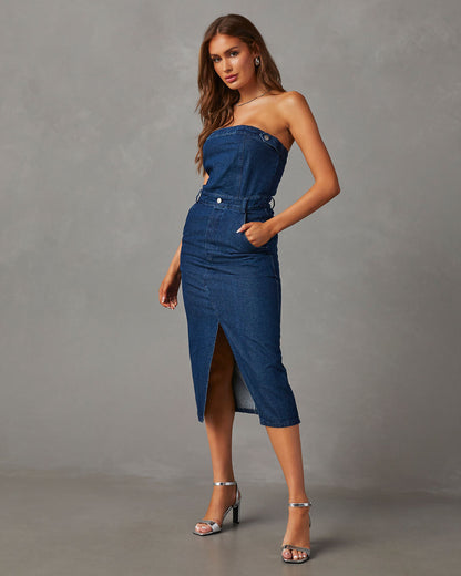 Edgy Era Denim Straplez Midi Elbise