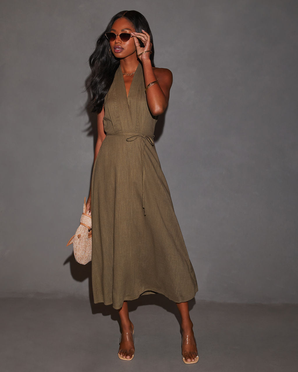 Emersyn Belden Bağlamalı Midi Elbise