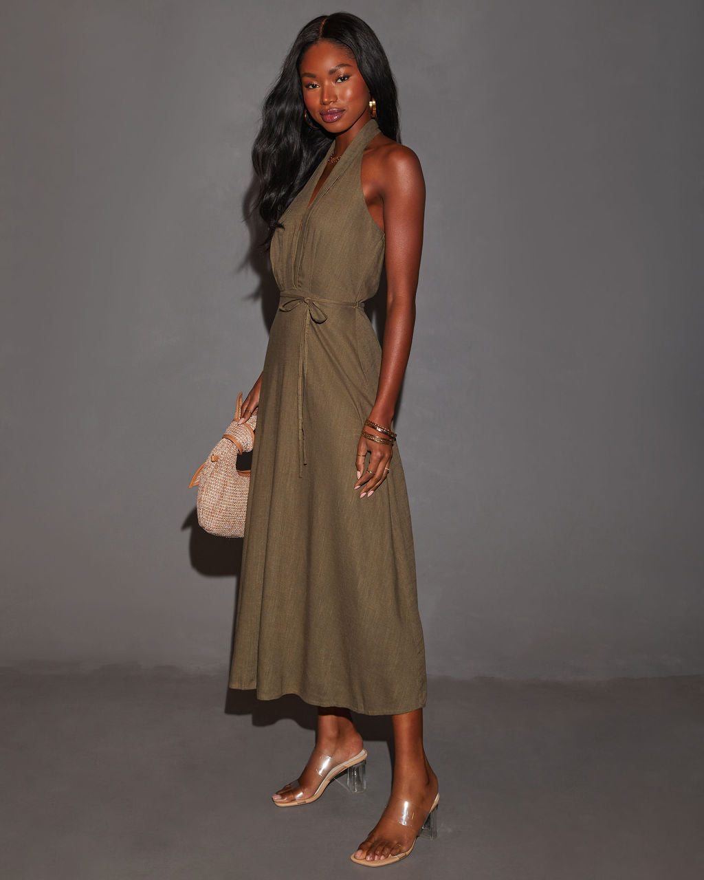 Emersyn Belden Bağlamalı Midi Elbise