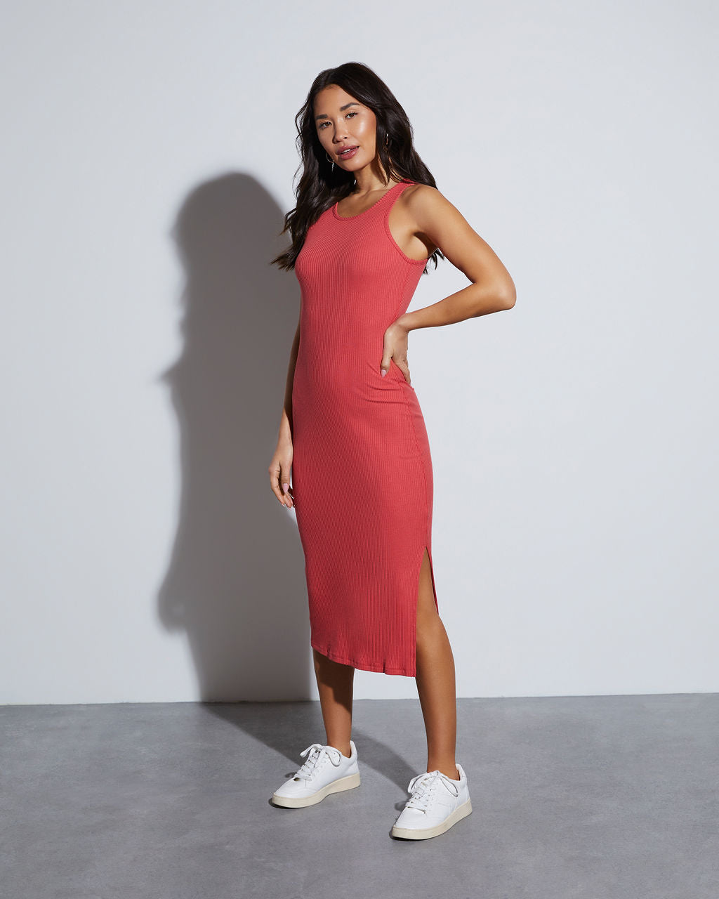 Hillary Nervürlü Pamuk Karışımlı Midi Elbise