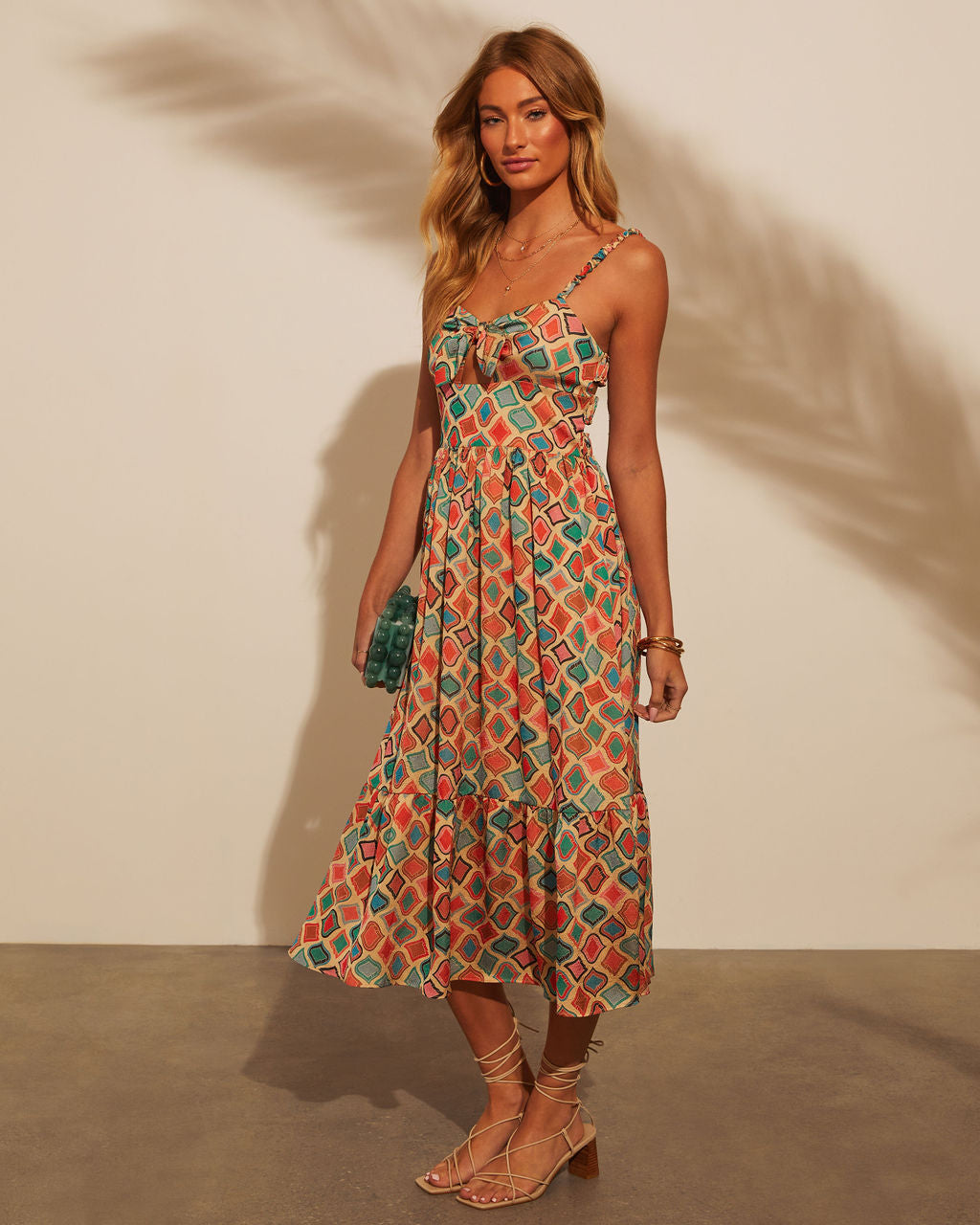 Rochelle Dekolteli Baskılı Midi Elbise