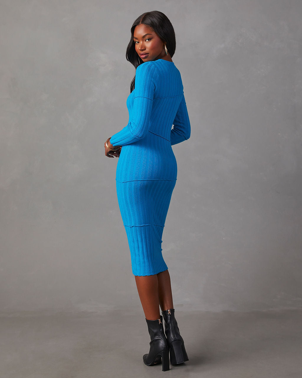 Saunders Nervürlü Midi Kazak Elbise