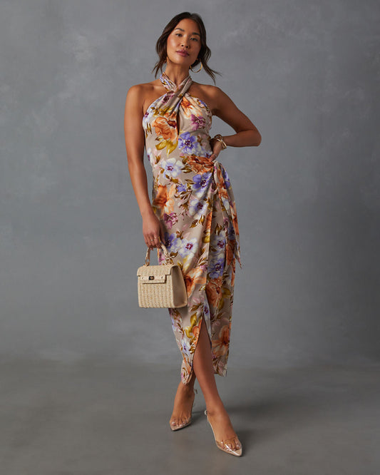 Floral Beauty Büküm Önü Boyundan Bağlamalı Midi Elbise