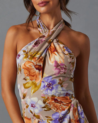 Floral Beauty Büküm Önü Boyundan Bağlamalı Midi Elbise