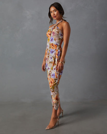 Floral Beauty Büküm Önü Boyundan Bağlamalı Midi Elbise
