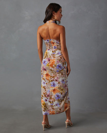 Floral Beauty Büküm Önü Boyundan Bağlamalı Midi Elbise