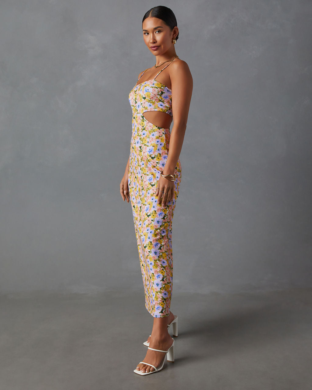 Skylar Yan Kesimli Çiçek Desenli Midi Elbise