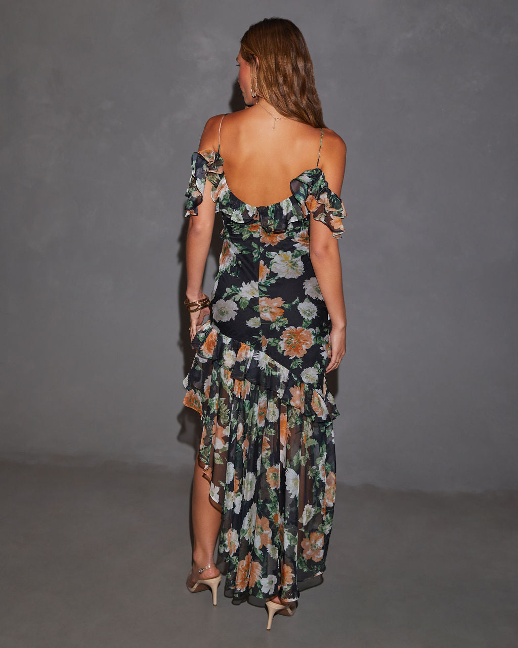 Chelsea Düşük Omuzlu Fırfırlı Maxi Elbise