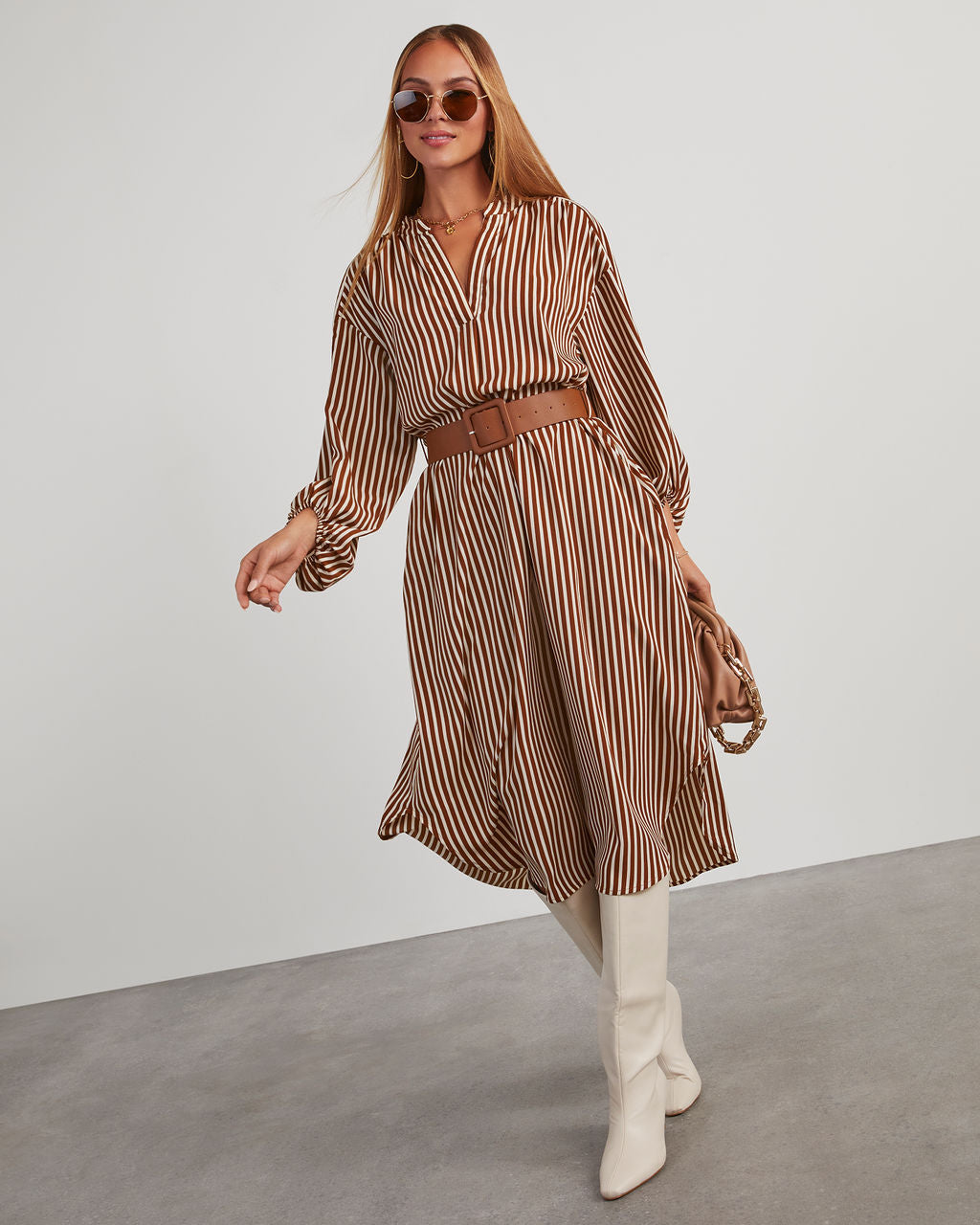 Dimarco Çizgili Cepli Kuşaklı Midi Elbise