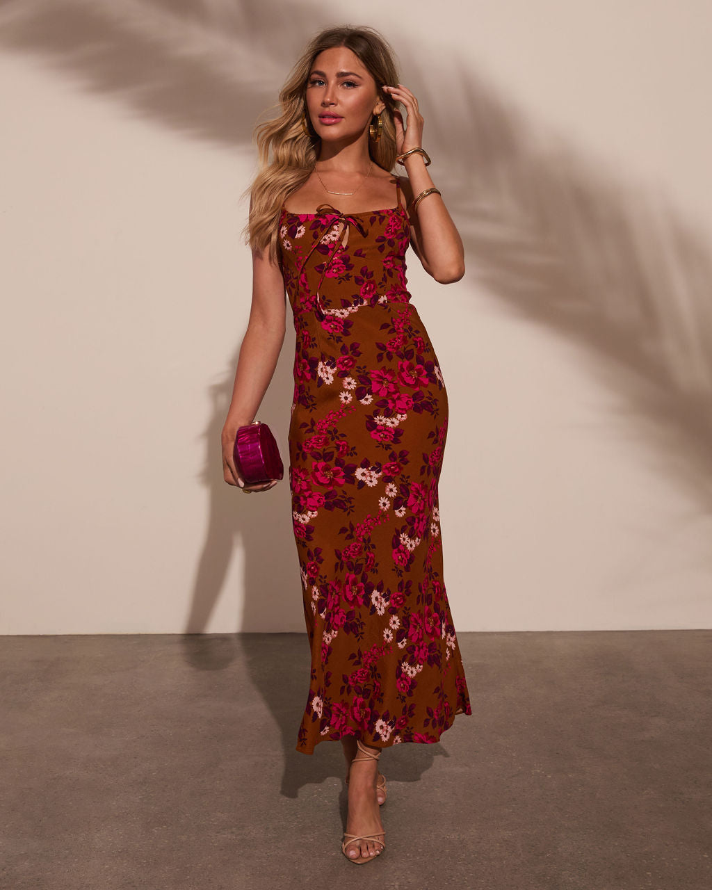 Altın Kır Çiçek Midi Elbise