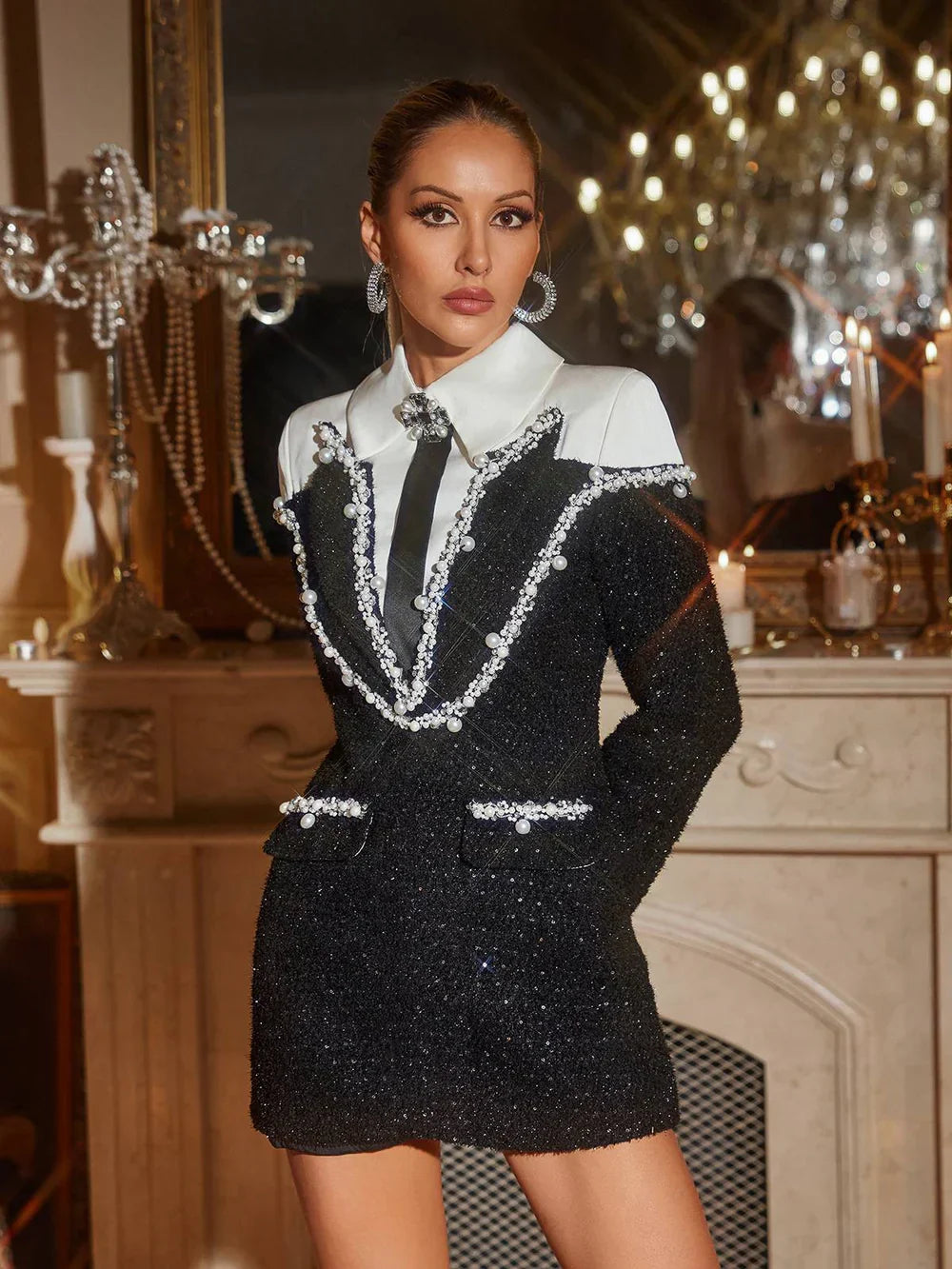 Odalys Taşlı Payet Yaka Mini Elbise