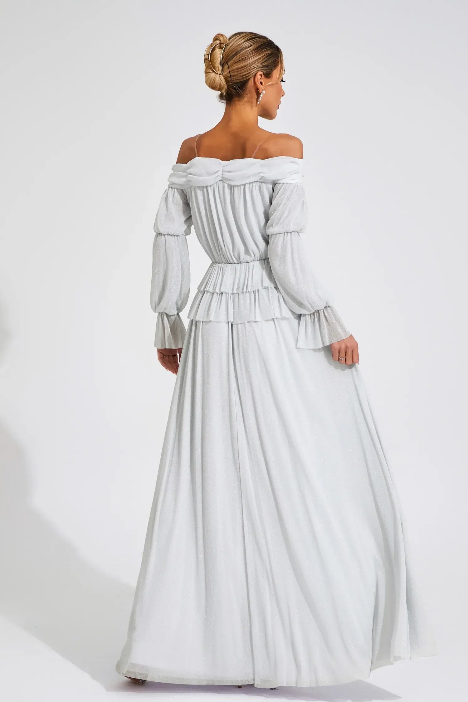 Jocelyn Gri Düşük Omuz Uzun Elbise