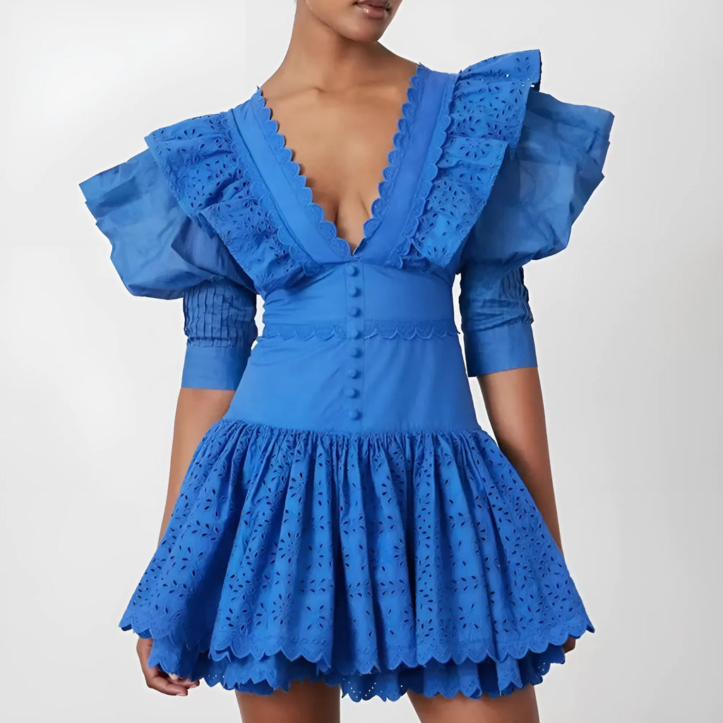 Éloïse Ruffle Derin Yaka Sırtı Açık Mini Elbise