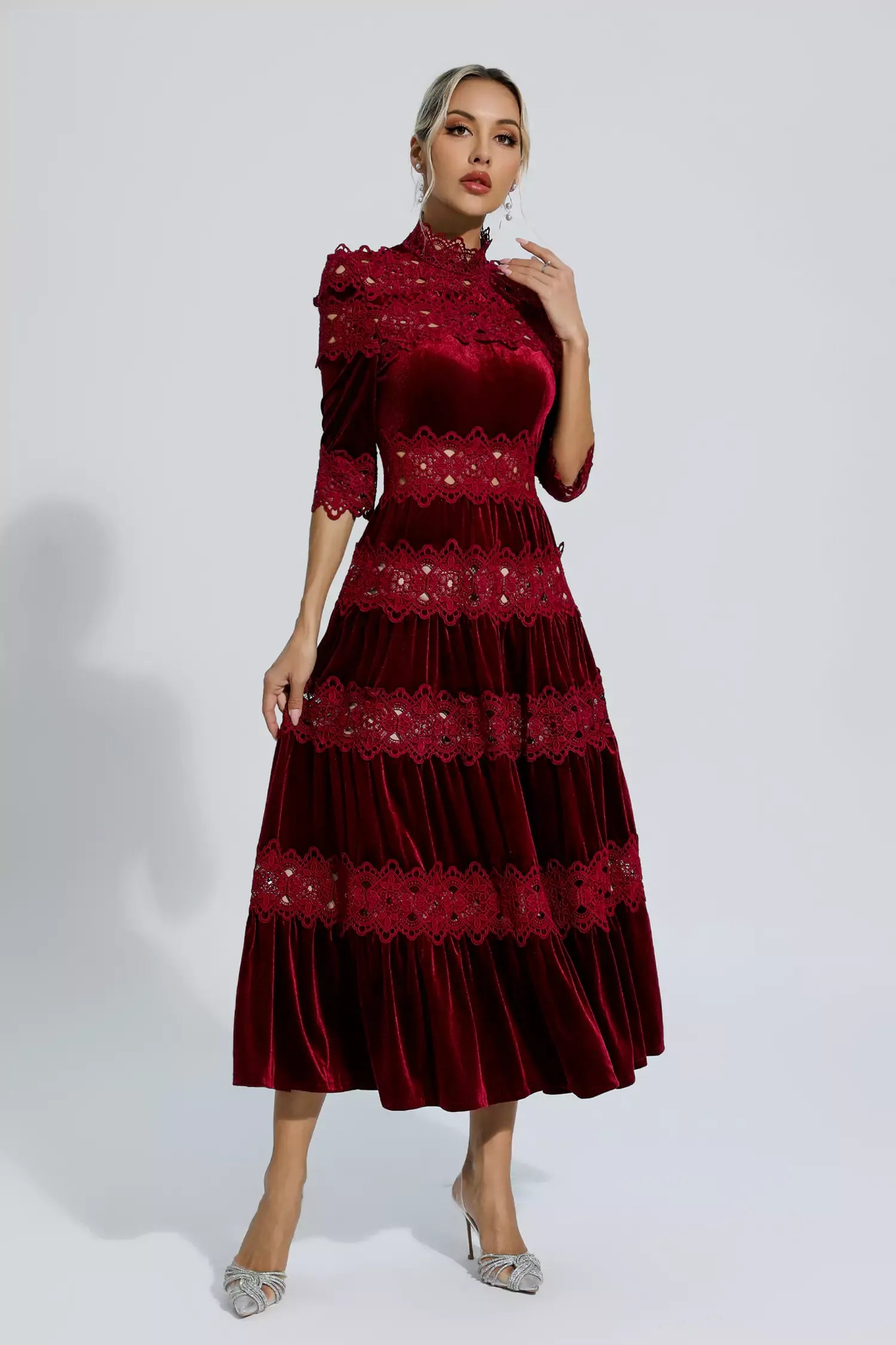 Henley Şarap Kırmızısı Uzun Kollu Uzun Elbise