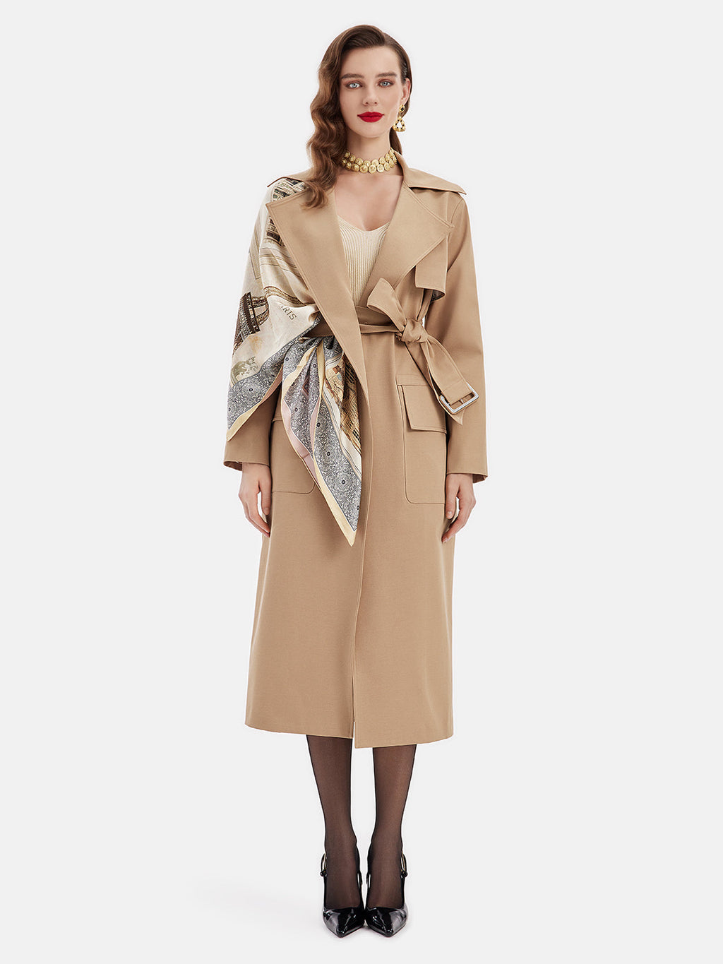 Yün Karışımlı Eşarplı Geniş Yaka Palto