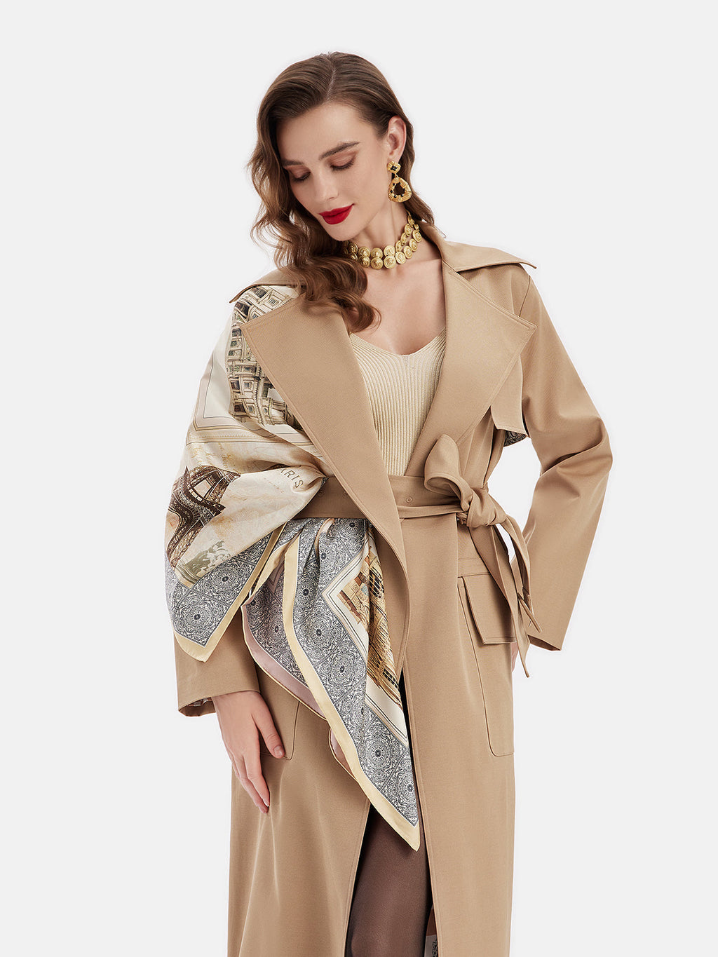 Yün Karışımlı Eşarplı Geniş Yaka Palto