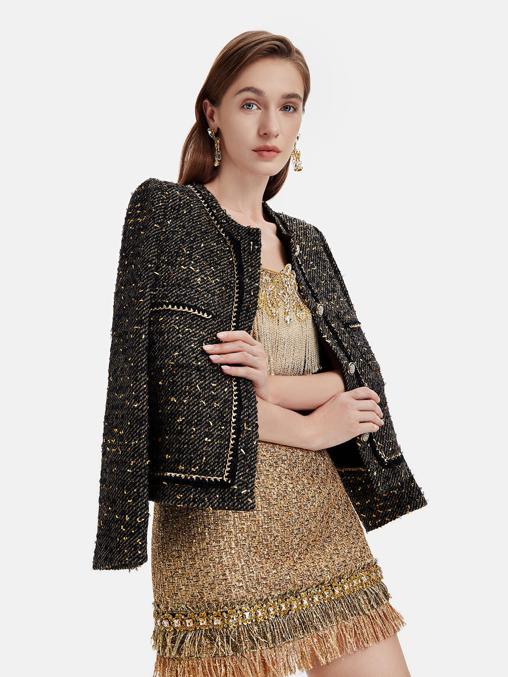 Altın İplik Deri Zincirli Trim Ceket