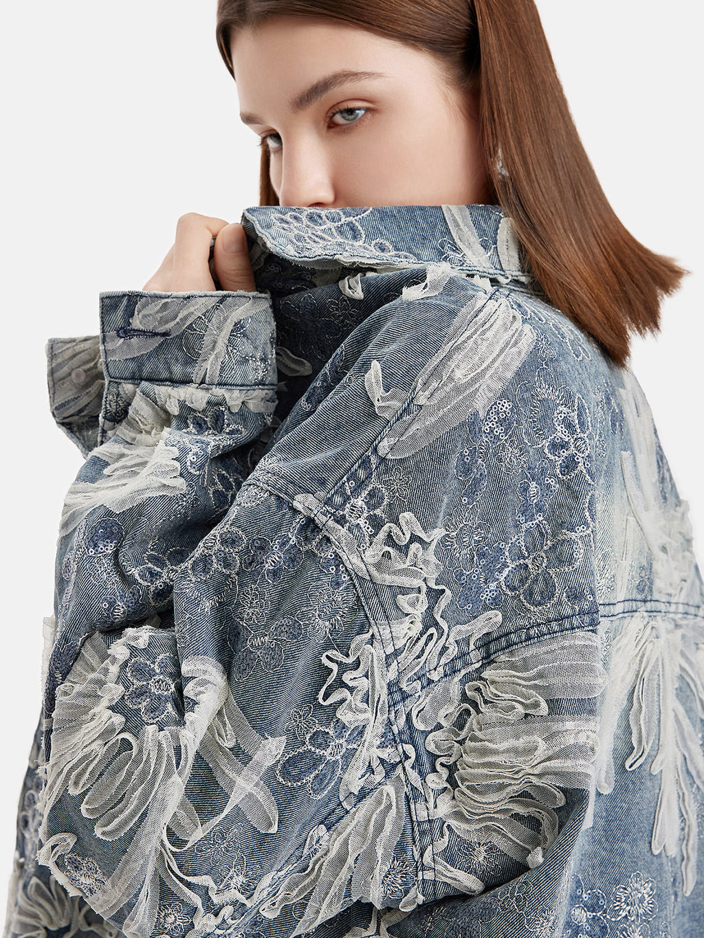 İşlemeli Dantel Boncuklu Denim Ceket