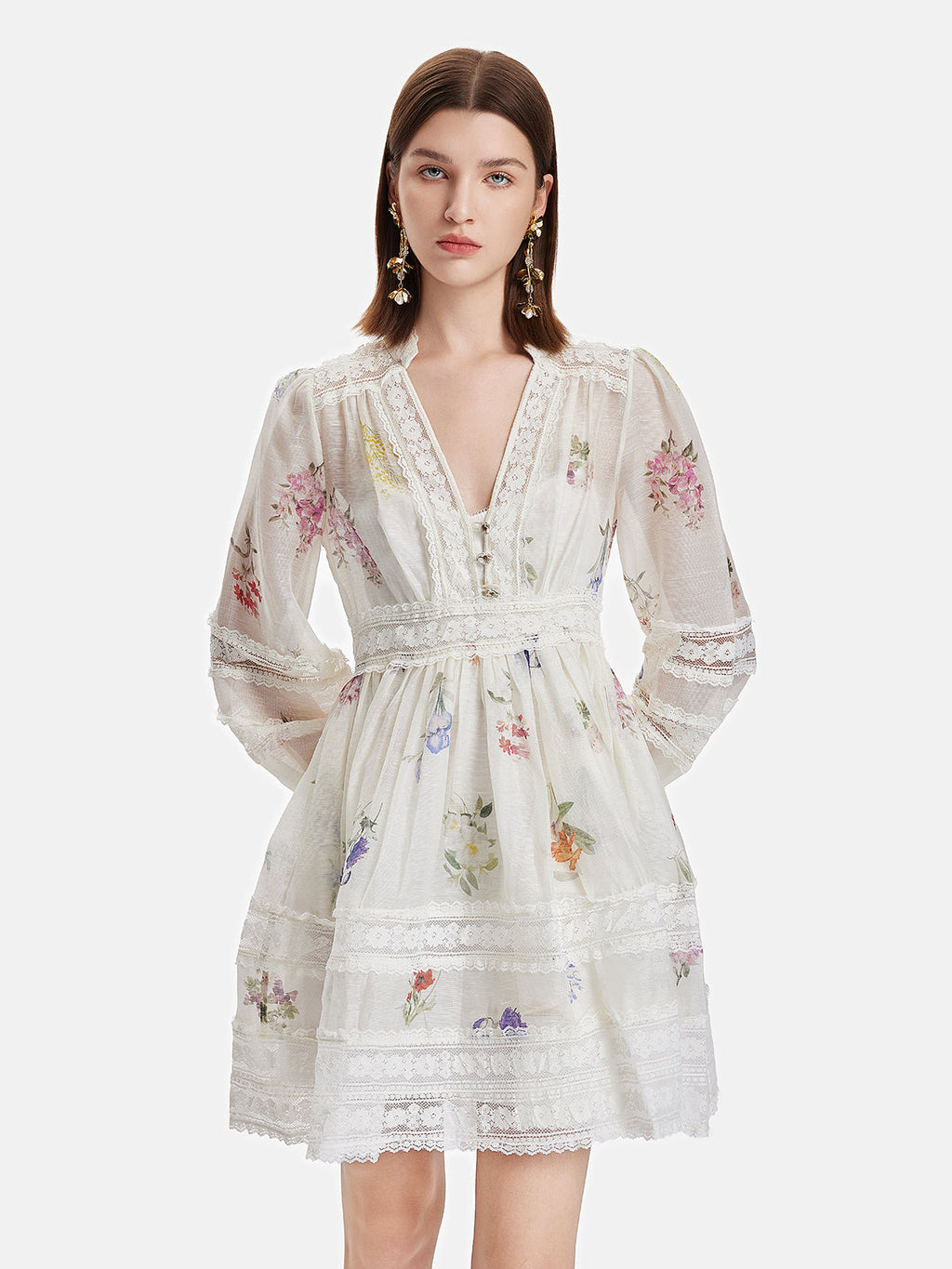 Çiçek Baskılı Dantel Detaylı Mini Elbise