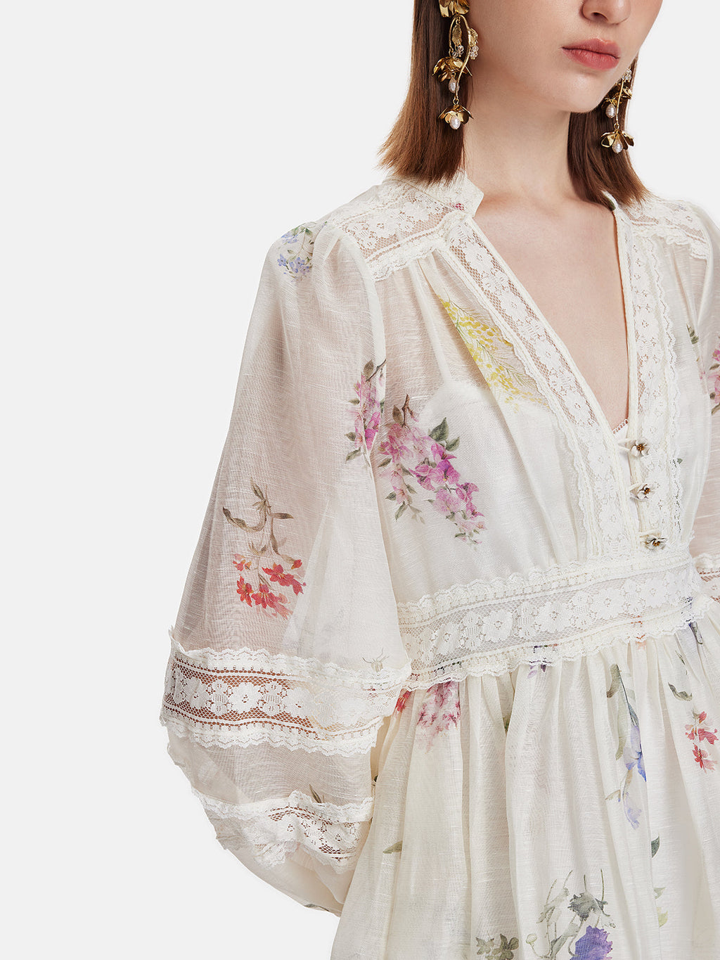 Çiçek Baskılı Dantel Detaylı Mini Elbise