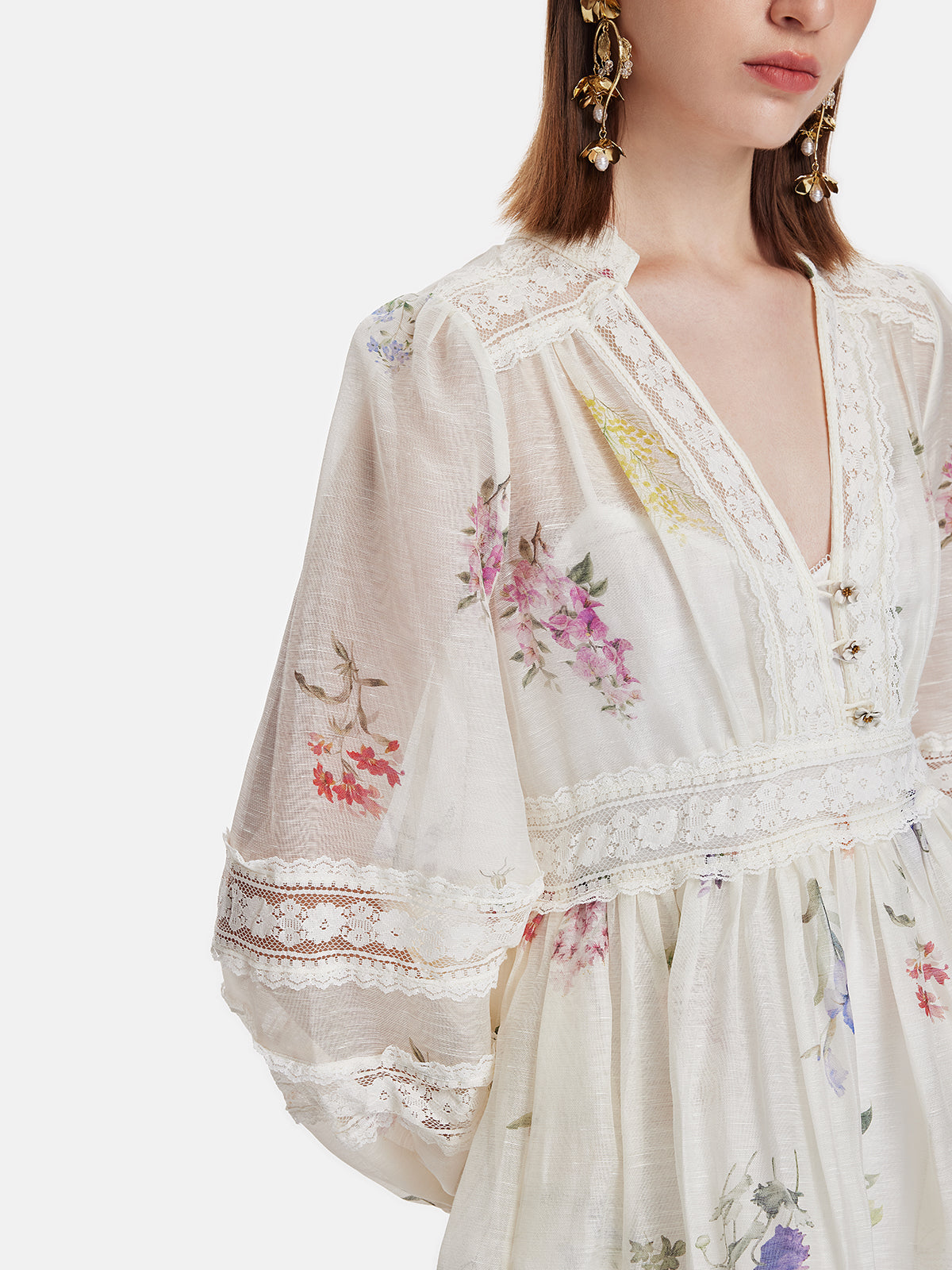 Çiçek Baskılı Dantel Detaylı Mini Elbise