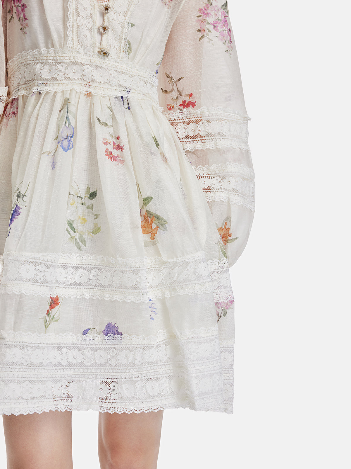 Çiçek Baskılı Dantel Detaylı Mini Elbise