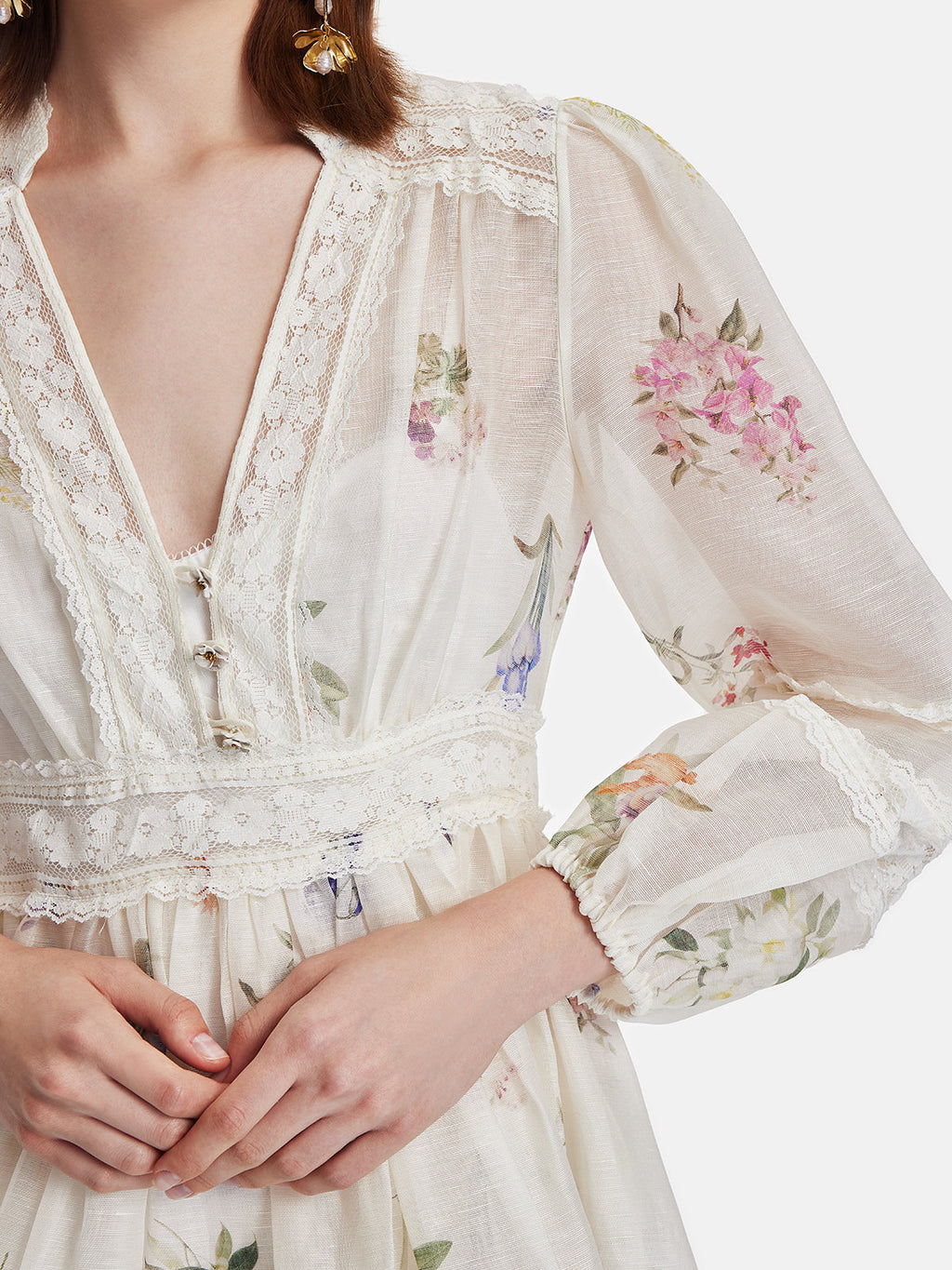 Çiçek Baskılı Dantel Detaylı Mini Elbise