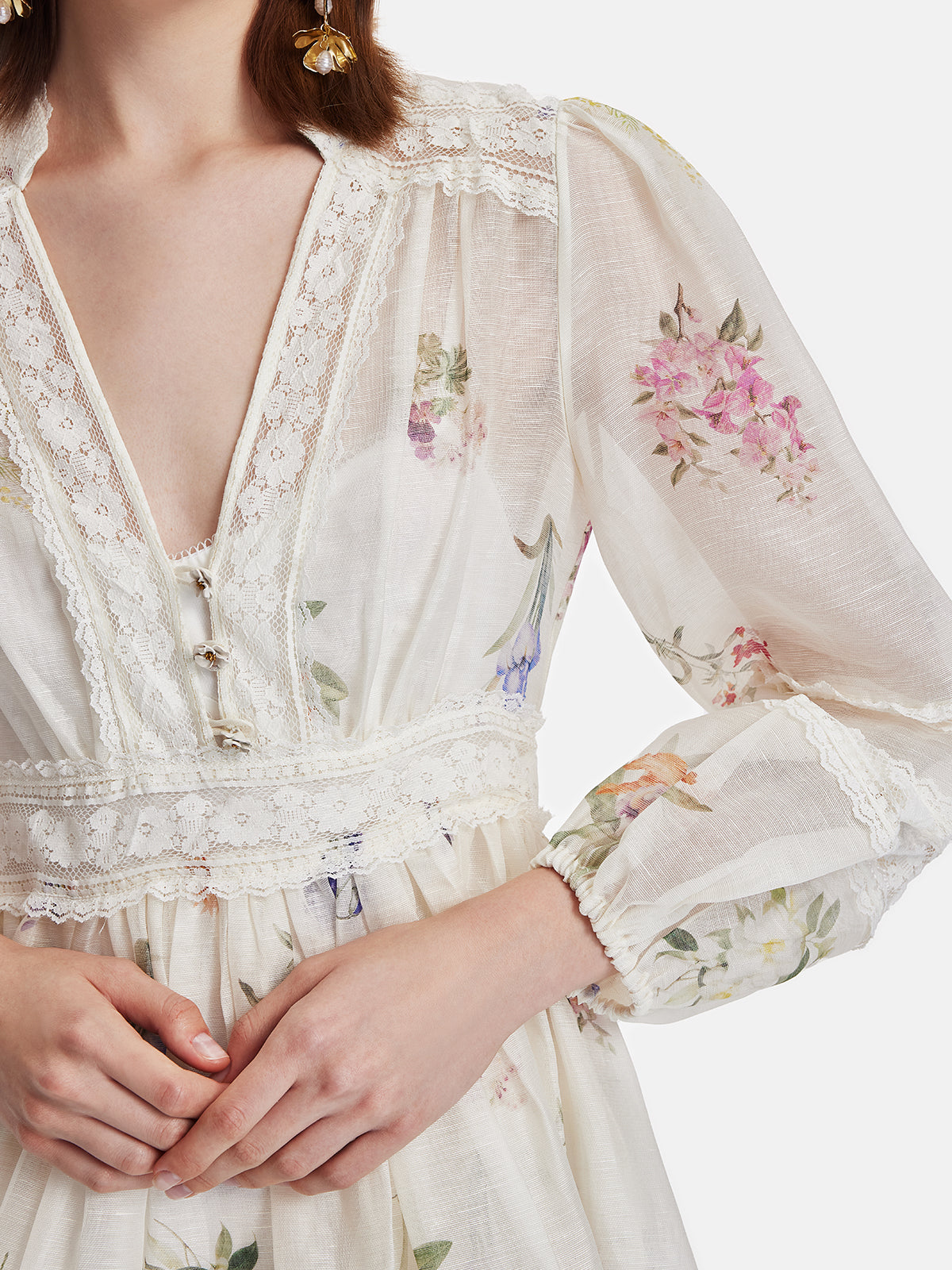 Çiçek Baskılı Dantel Detaylı Mini Elbise