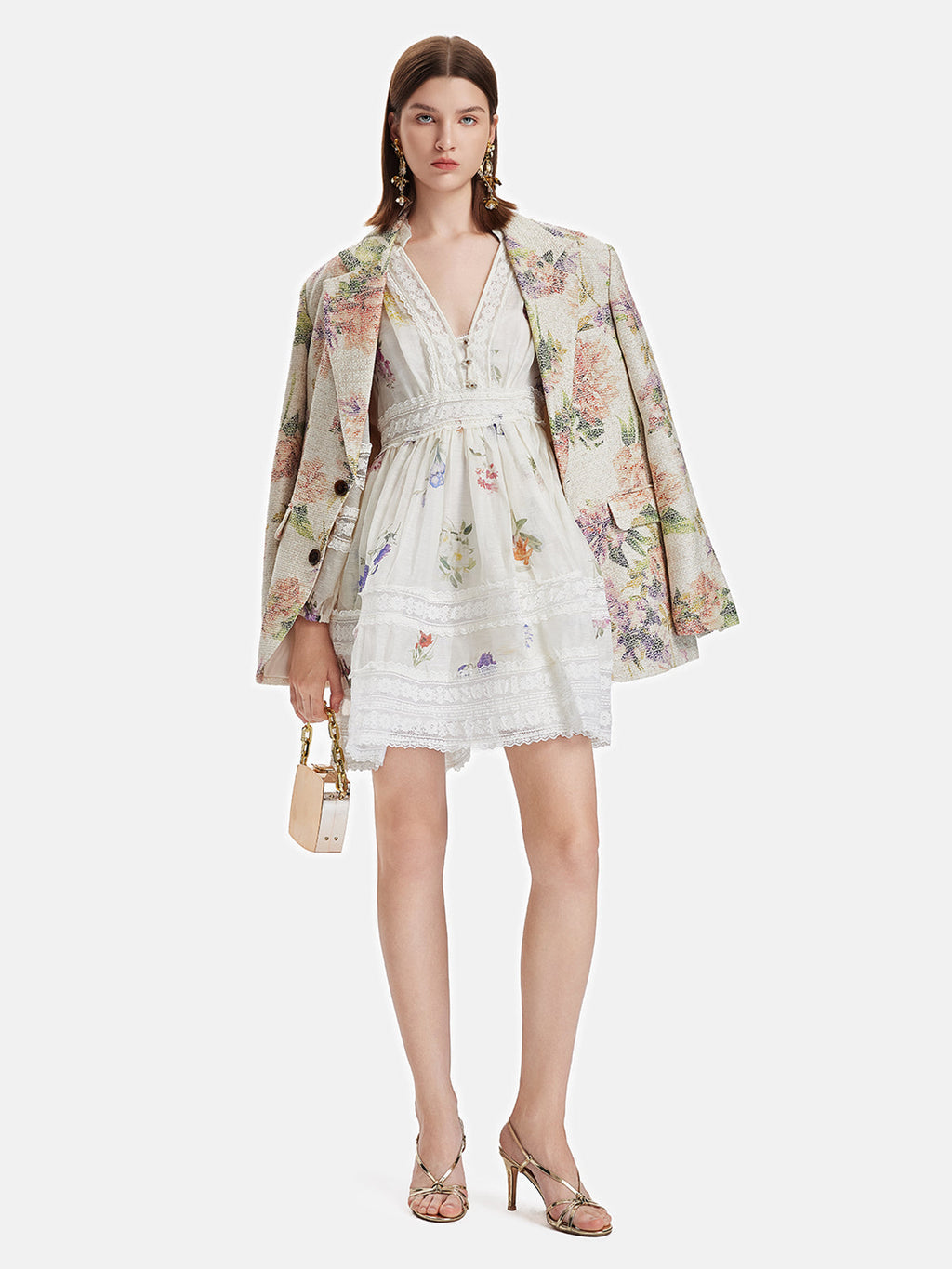 Çiçek Baskılı Dantel Detaylı Mini Elbise