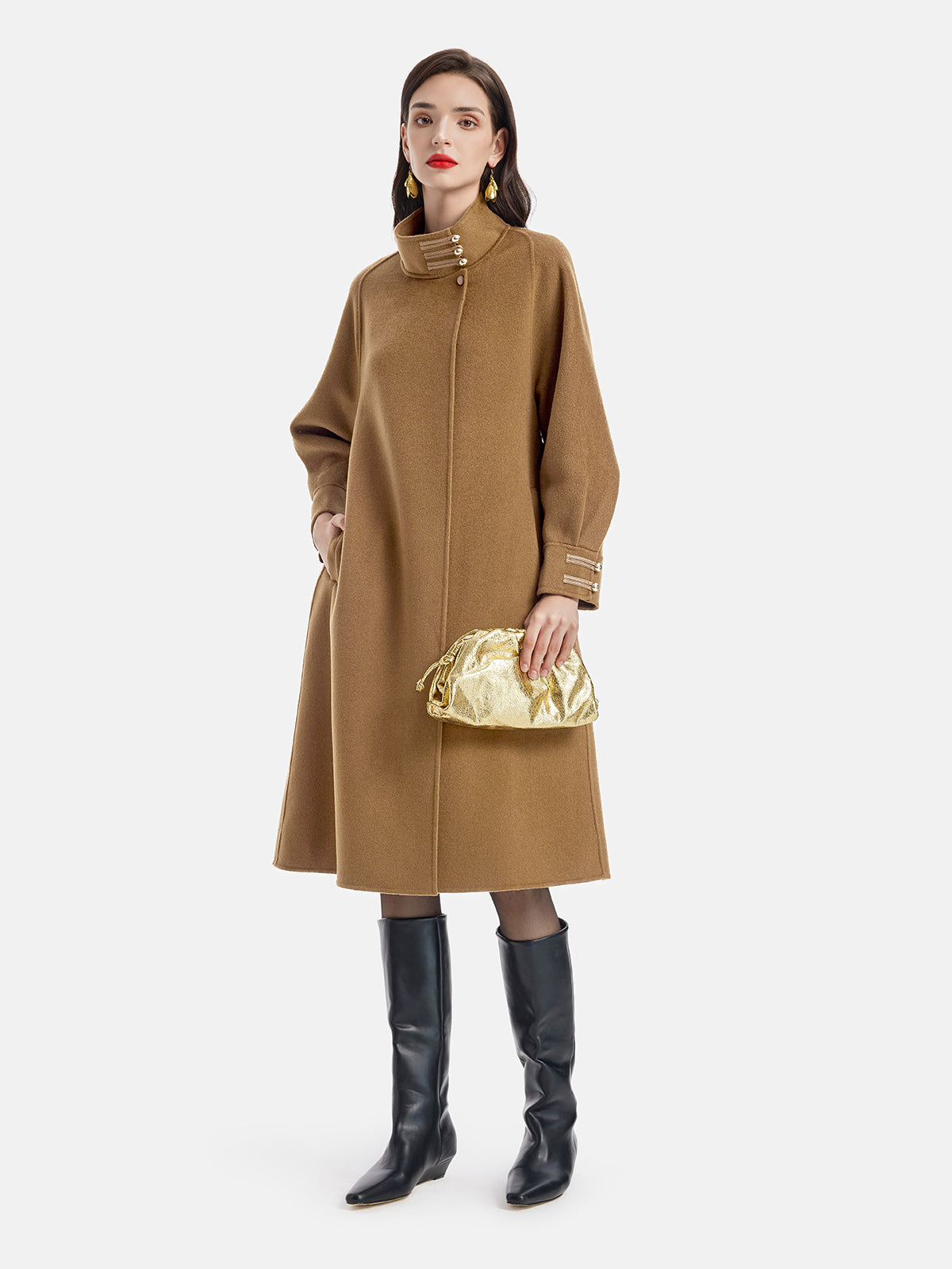 El İşi Çift Taraflı Yün Dik Yaka Kravat Kaban