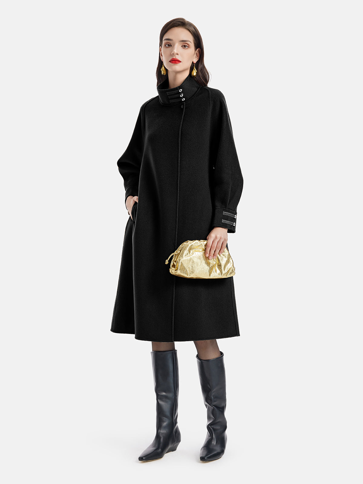 El İşi Çift Taraflı Yün Dik Yaka Kravat Kaban