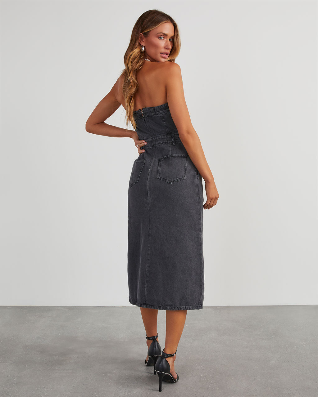 Edgy Era Denim Straplez Midi Elbise