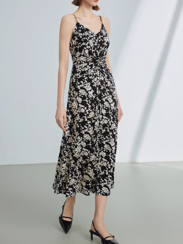 Çiçekli Siyah Beyaz Fransız Elbise