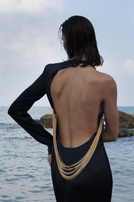 Maria Tek Omuz Yılan Zincirli Maxi Elbise