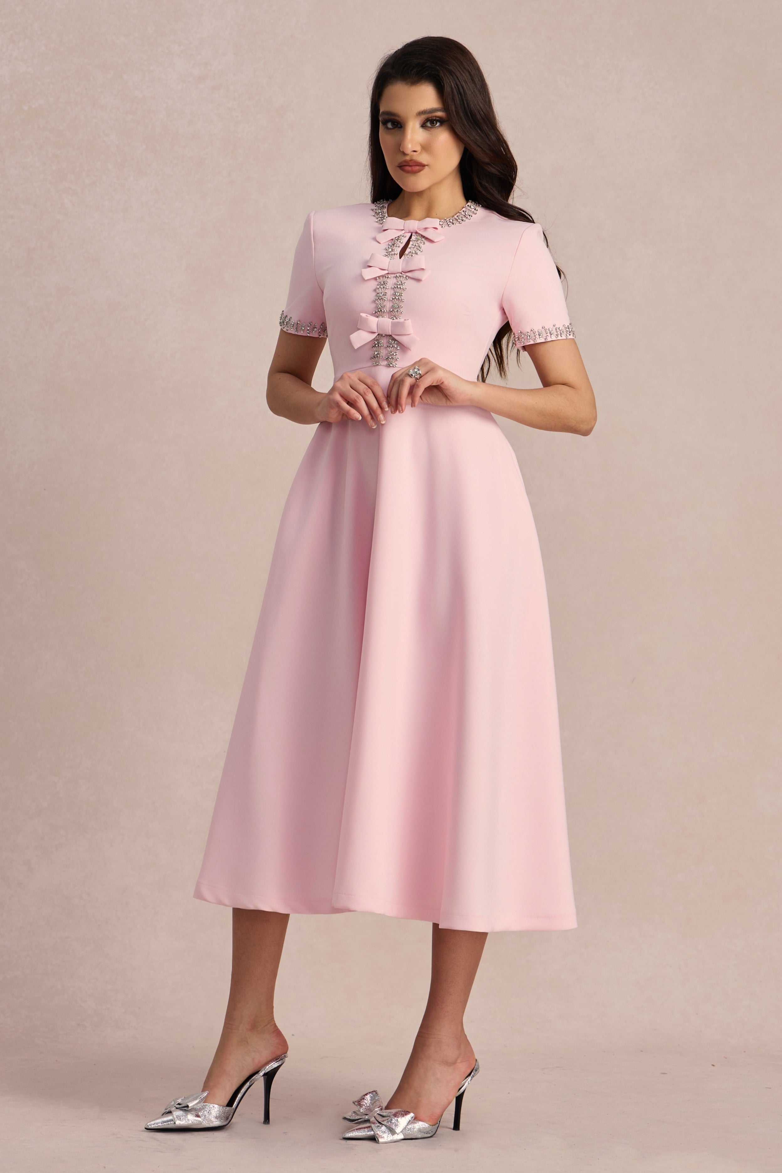 Zoe Fiyonklu Kristal Süslemeli Midi Elbise