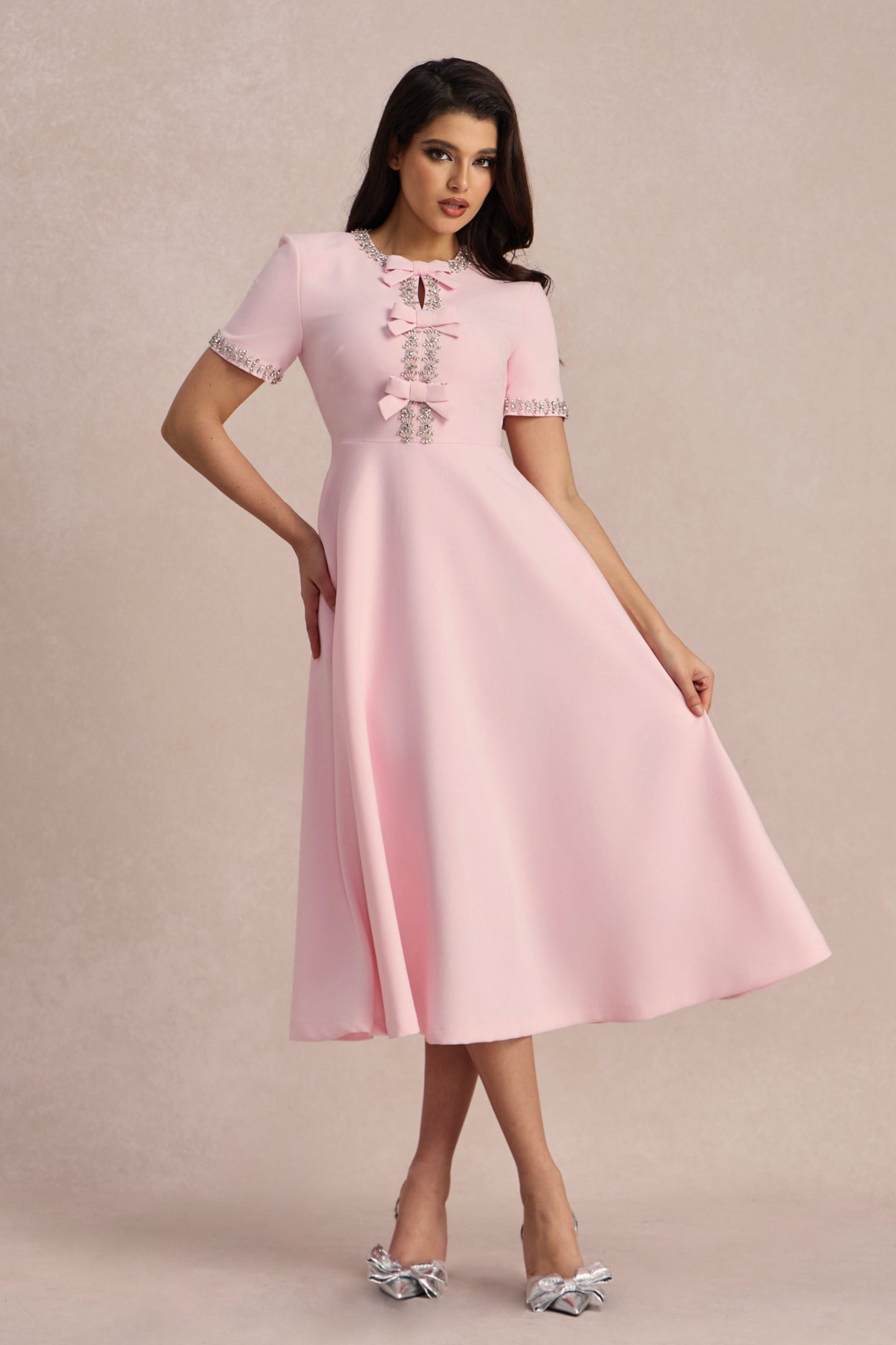 Zoe Fiyonklu Kristal Süslemeli Midi Elbise