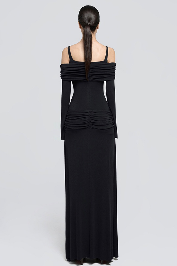 Zoey Drapeli Siyah Uzun Elbise