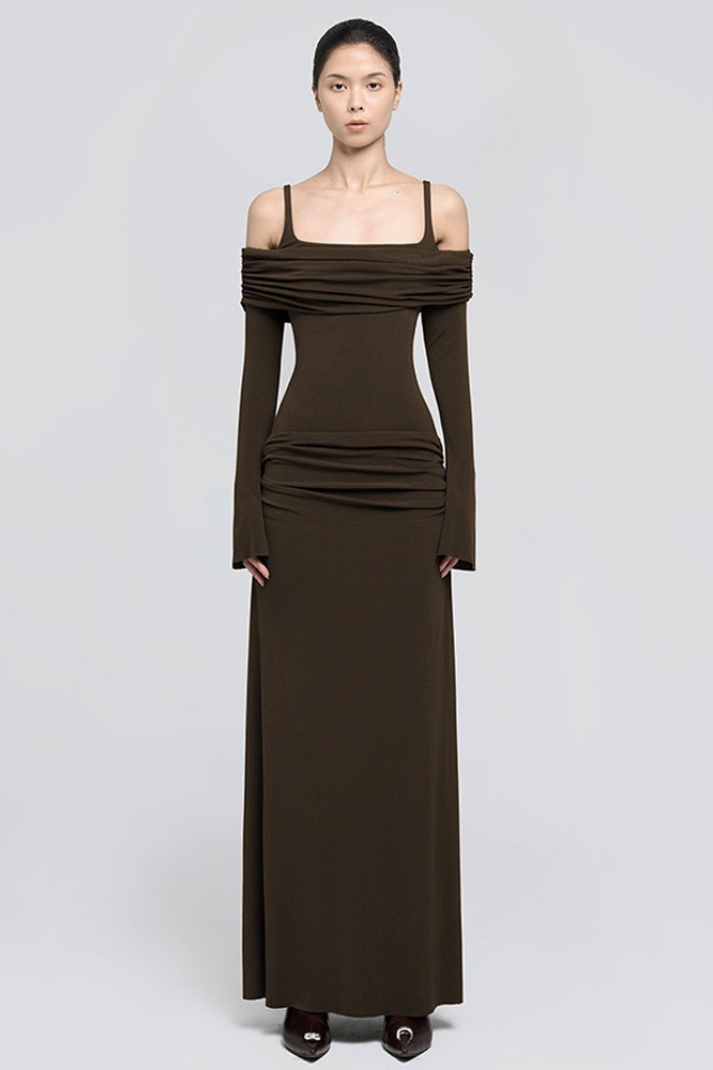 Zoey Drapeli Kahverengi Uzun Elbise