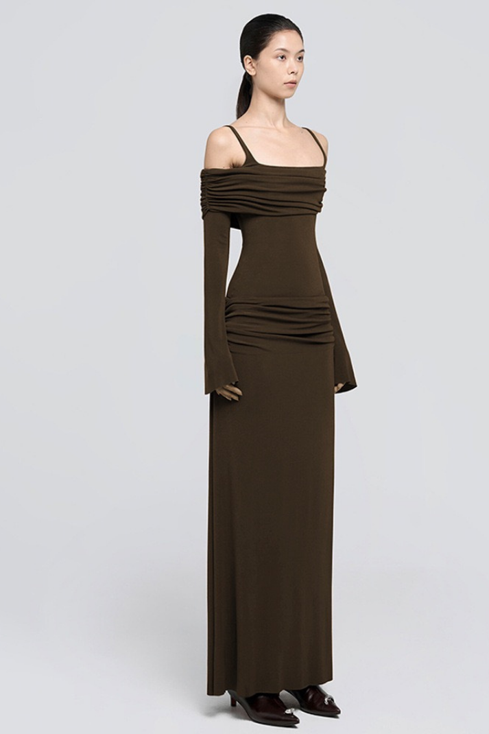 Zoey Drapeli Kahverengi Uzun Elbise