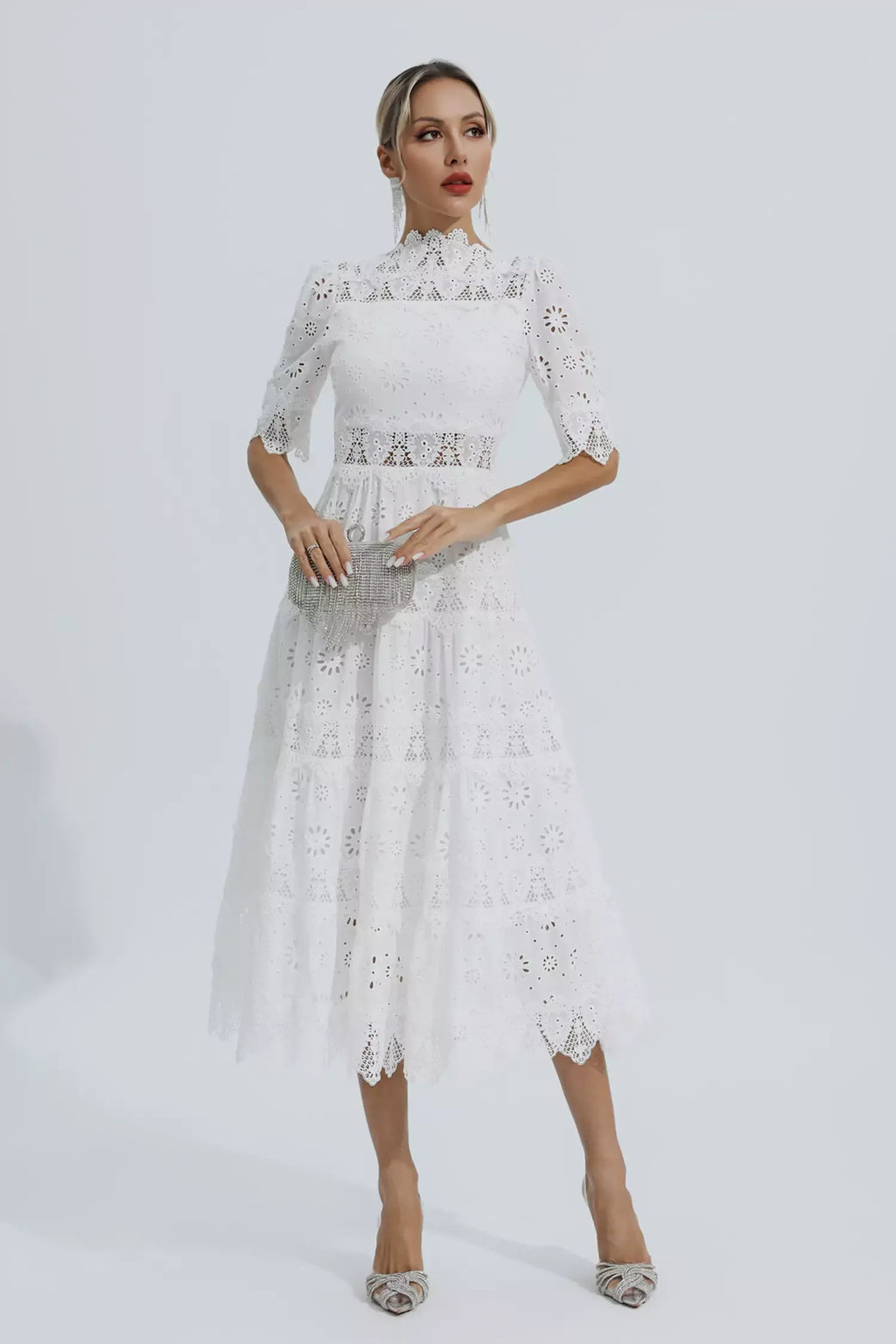 Kenna Beyaz İçi Boş Yarım Kol Midi Elbise