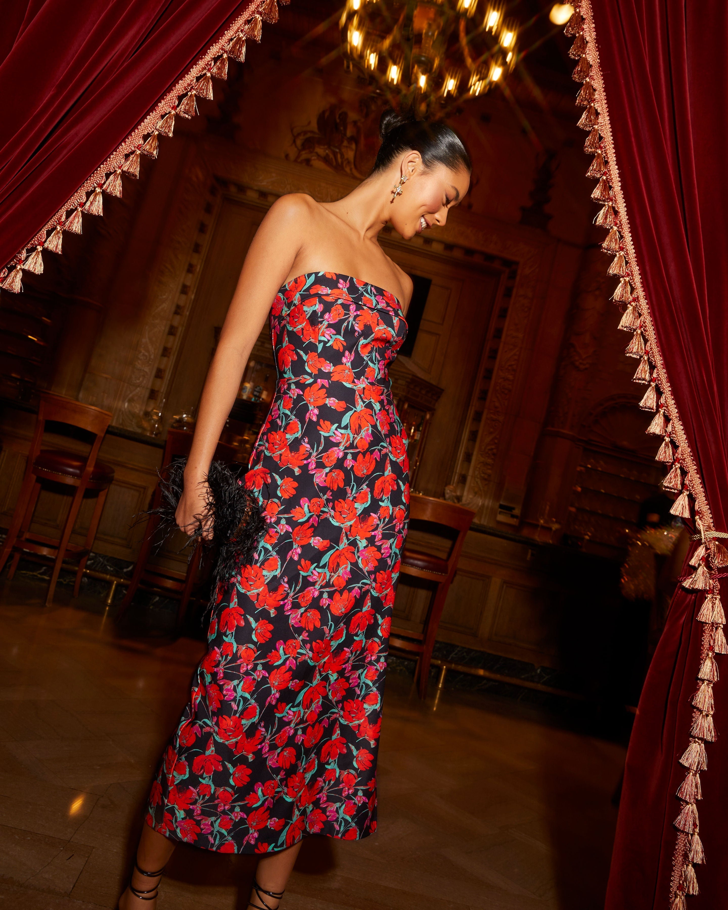 Thalia Straplez Çiçekli Midi Elbise