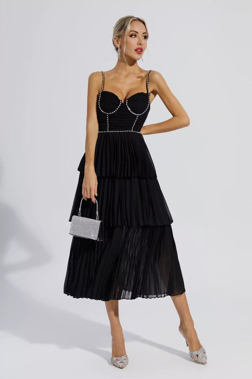 Meredith Siyah Pırlanta Dantelli Uzun Elbise