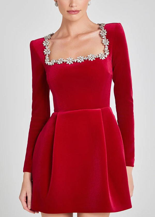 Valentine Kadife Çiçek Süslemeli Mini Elbise