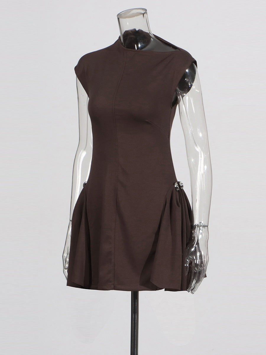 Miasal Retro Pileli Toka Detay Mini Elbise